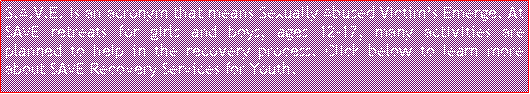 Text Box: S.A.V.E. is an acronym that means Sexually Abused Victim�s Emerge. At SAVE retreats for girls and boys, ages 12-17, many activities are planned to help in the recovery process. Click below to learn more about SAVE Recovery Services for Youth.